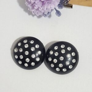 Vintage Round Black Lucite Crystal Statement Earrings Clip On Earrings